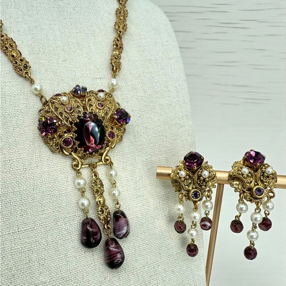 Vintage W Germany Purple Glass Filigree Necklace Earrings Set Parure - Picture 11 of 17